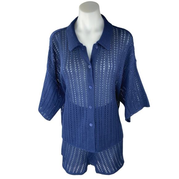 4th & Reckless Henrique Women's Blue Open Knit Beach Swim Cover Up Shirt Set L - Picture 2 of 7
